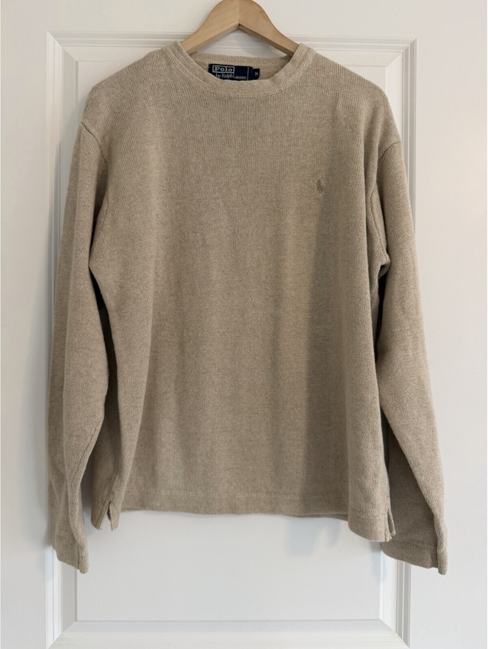 Vtg Polo by Ralph Lauren Linen Cotton Crewneck Sweater Size M Tan/ Beige Logo